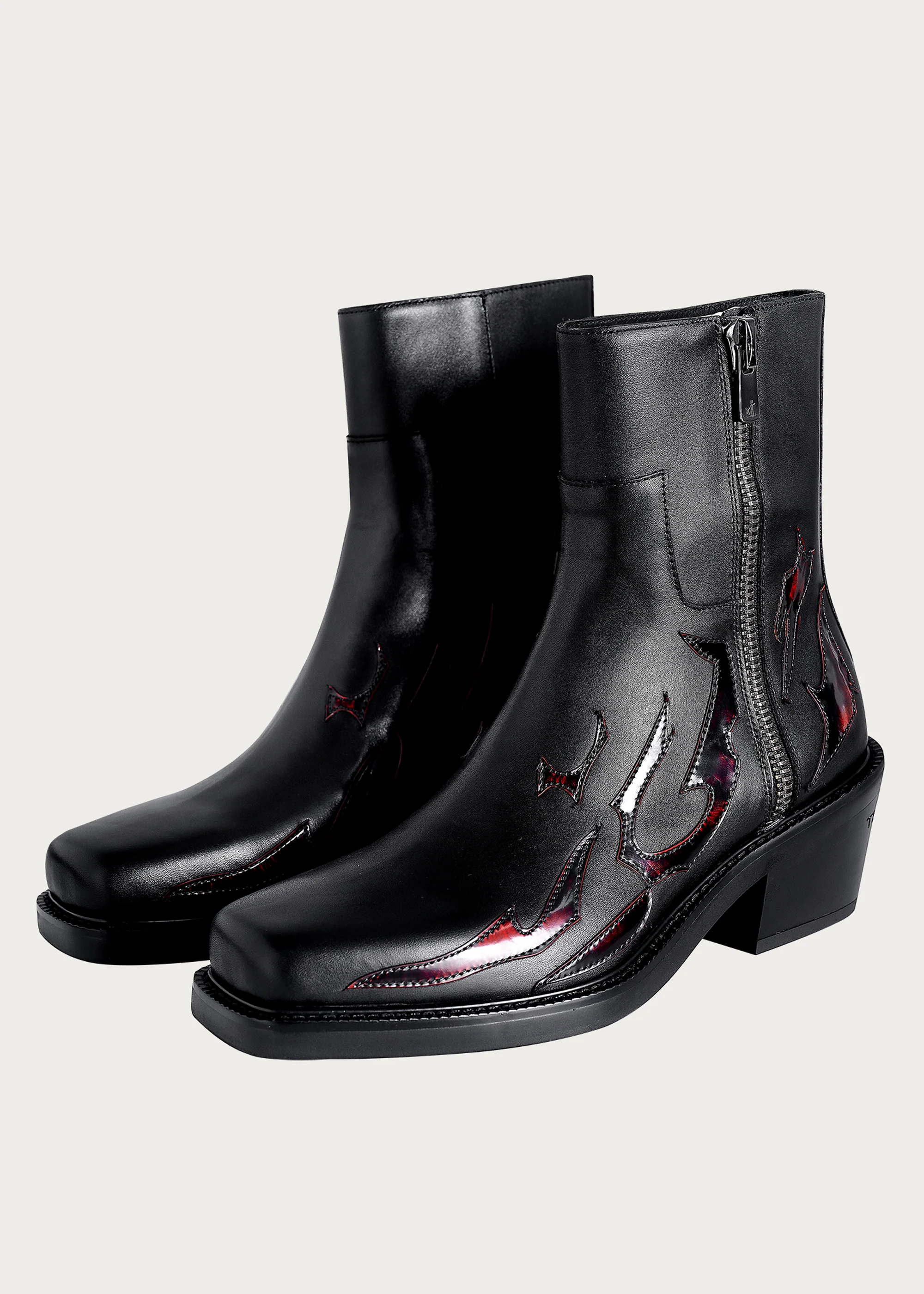 Ankle boots Square-toe Black and Red-Flame-pattern - Image 3