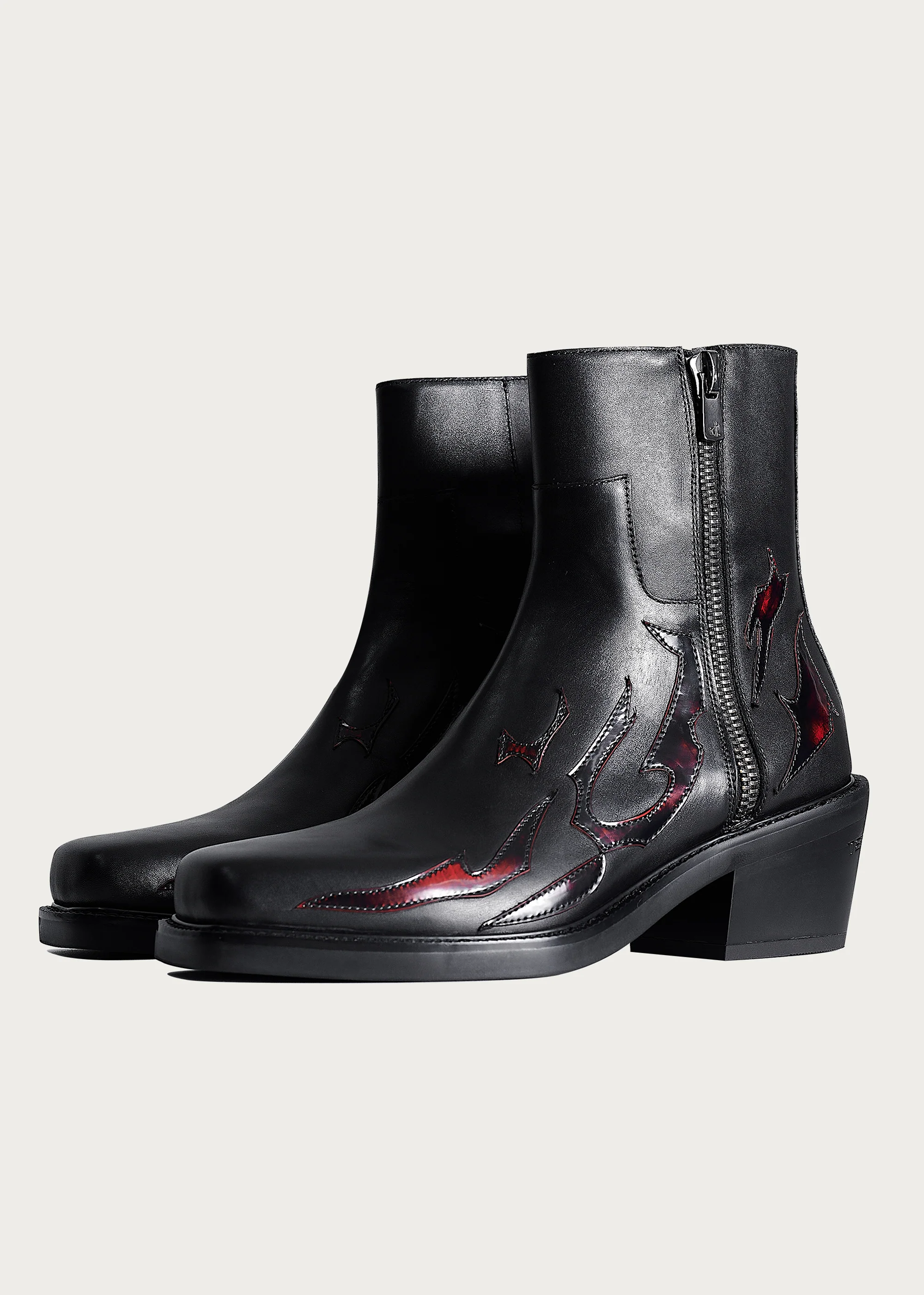 Ankle boots Square-toe Black and Red-Flame-pattern - Image 9